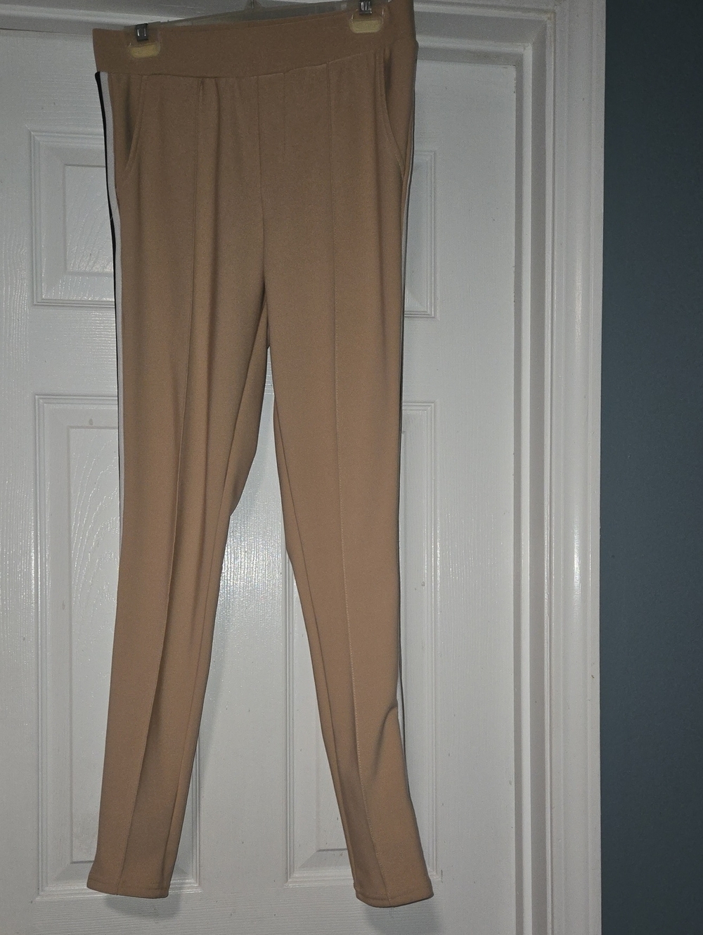 High-Rise Skinny Ponte Pants in Camel with Side Stripe